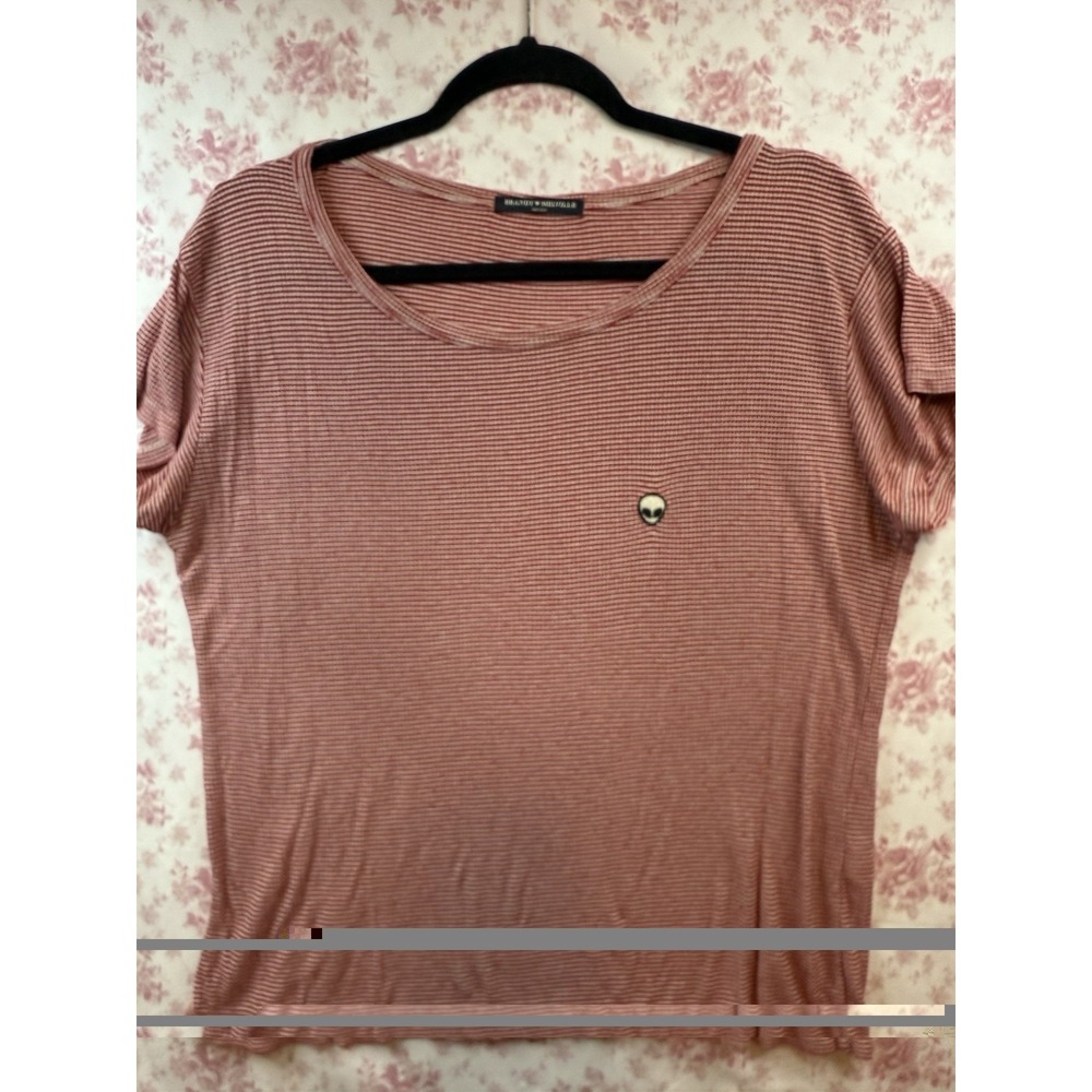 Brandy Melville One Size Red Striped Alien Embroidered Short Sleeve Top